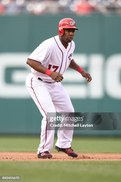 Alejandro De Aza of the Washington Nationals leads off second base during a baseball game against the Miami Marlins at Nationals Park on August 30,...