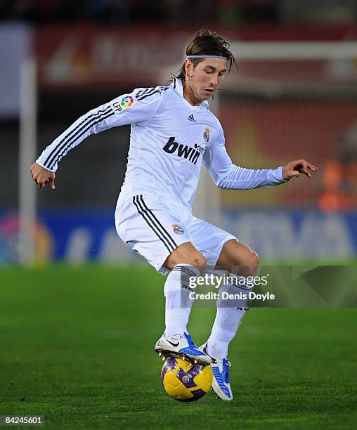 Sergio Ramos of Real Madrid controls the ball during the La Liga match betwen Mallorca and Real Madrid at the San Moix stadium on January 11, 2009 in...