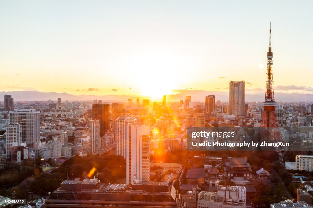 Tokyo Urban Skyline with tokyo tower, Japan at sunset.