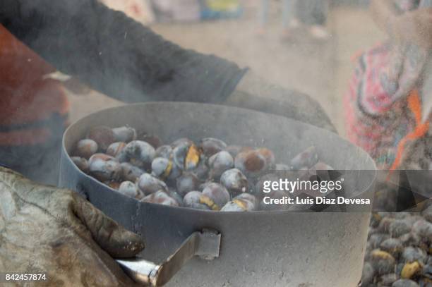 roasted chestnut in pan - chispes - fotografias e filmes do acervo