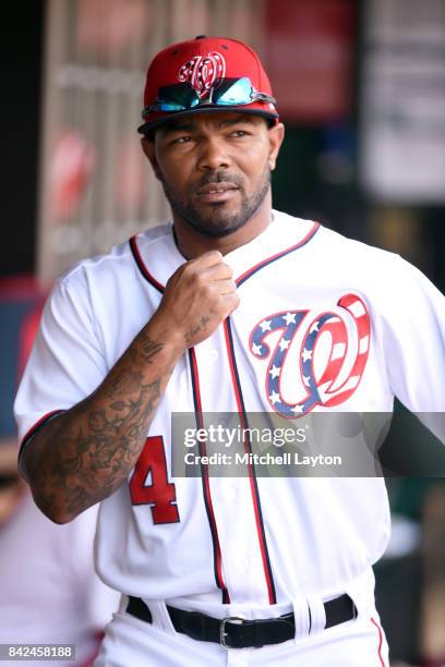 Howie Kendrick of the Washington Nationals looks on before a baseball game against the Miami Marlins at Nationals Park on August 30, 2017 in...