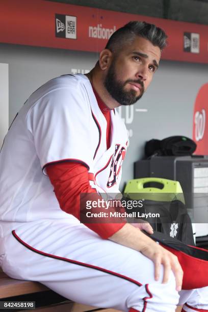 Oliver Perez of the Washington Nationals looks on before a baseball game against the Miami Marlins at Nationals Park on August 30, 2017 in...