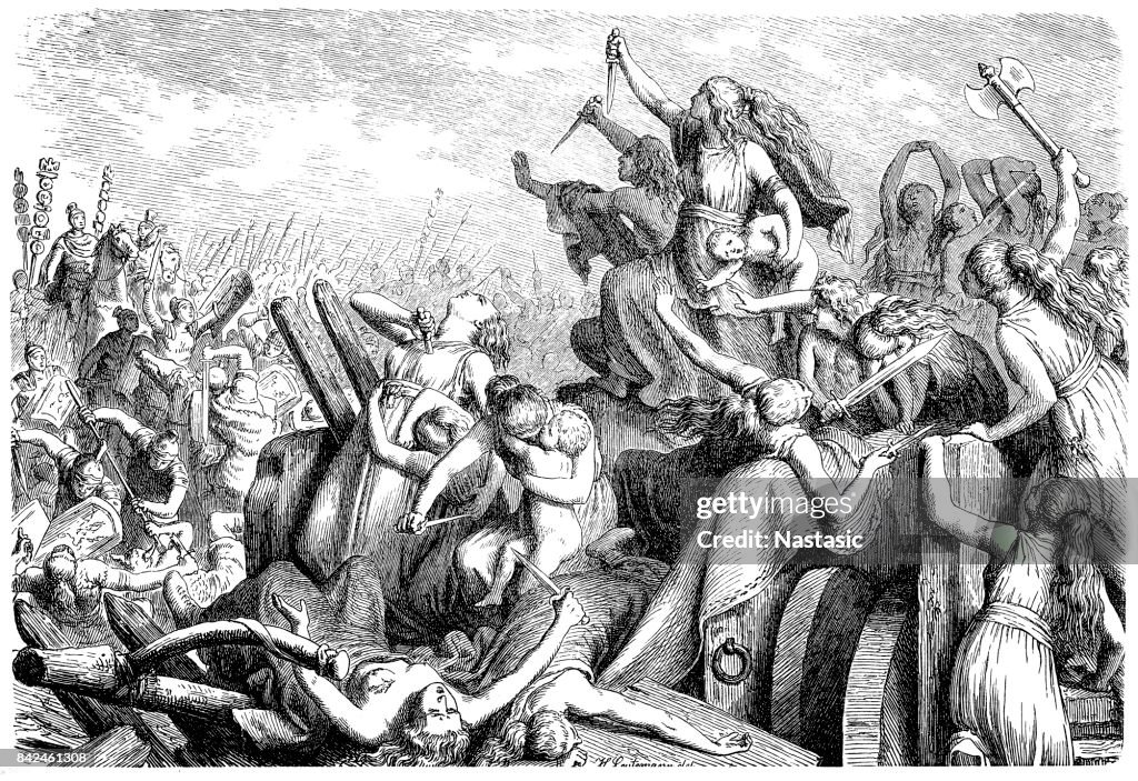Cimbrian War 113 - 101 BC, Battle of Vercellae, 30.7.101 BC, Cimbrian women defending the carriages