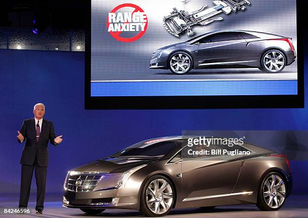 Bob Lutz, Vice-Chairman of General Motors of General Motors, introduces the new Cadillac Converge Concept vehicle at the Detroit International Auto...