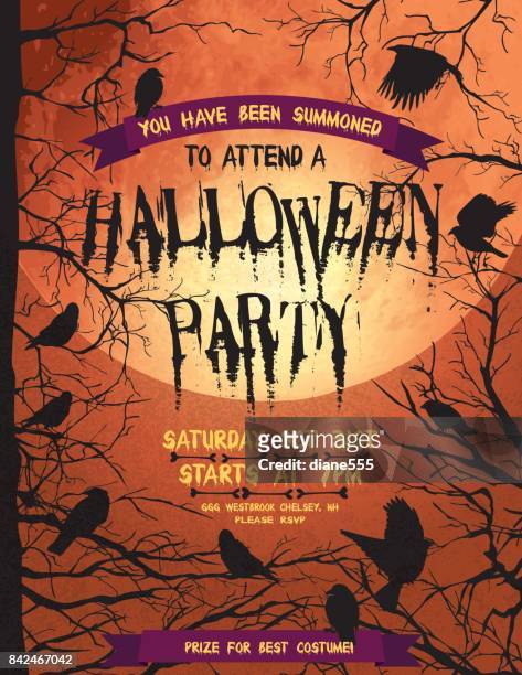 ilustraciones, imágenes clip art, dibujos animados e iconos de stock de escalofriante halloween party plantilla de cornejas y ravens - halloween party