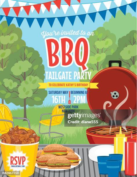 illustrazioni stock, clip art, cartoni animati e icone di tendenza di modello di invito barbecue estivo per tailgate party - tovaglia