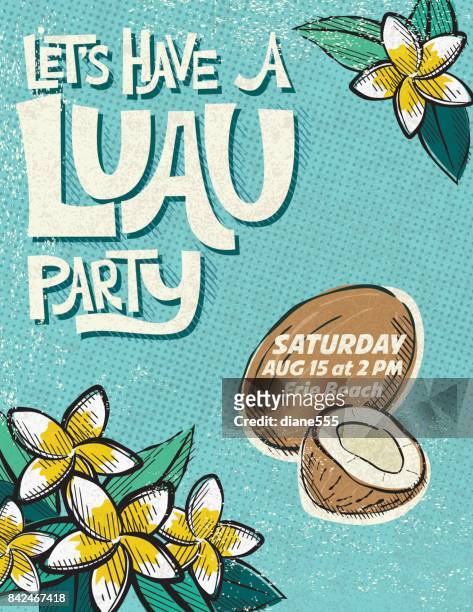 stockillustraties, clipart, cartoons en iconen met vintage luau partij uitnodiging stijlsjabloon - frangipani