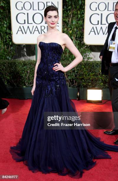 Actress Anne Hathaway arrives at the 66th Annual Golden Globe Awards held at the Beverly Hilton Hotel on January 11, 2009 in Beverly Hills,...