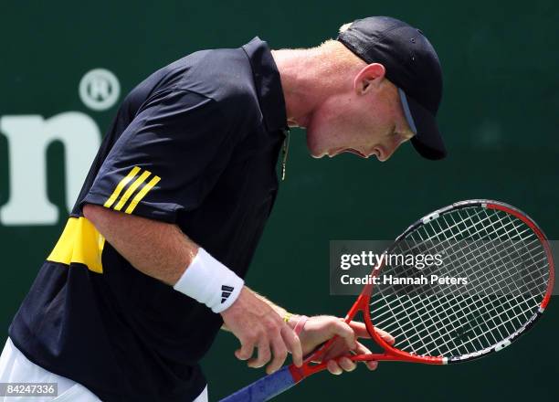 Daniel King-Turner of New Zealand shows his frustration during his first round match against Sam Querrey of the USA during day one of the Heineken...