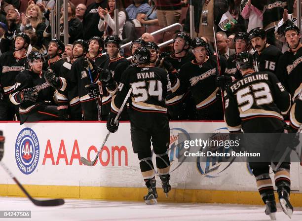 The Anaheim Ducks celebrate a first period goal from teammate Samuel Pahlsson during the game against the New Jersey Devils on January 11, 2009 at...