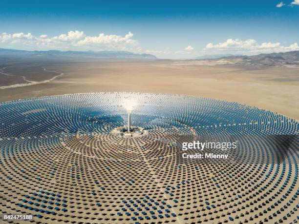 solar thermal power station aerial view - nevada stock pictures, royalty-free photos & images