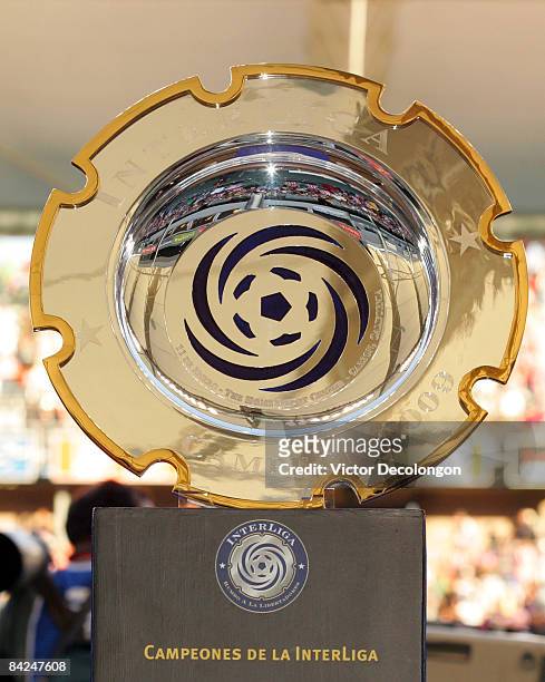The InterLiga Trophy sits displayed on a pedestal prior to the match between Atlas and Pachuca FC at The Home Depot Center on January 11, 2009 in...