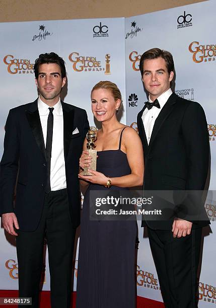 Actress Anna Paquin poses with her Best Performance by an Actress In A Television Series - Drama award for "True Blood" in the press room with actors...