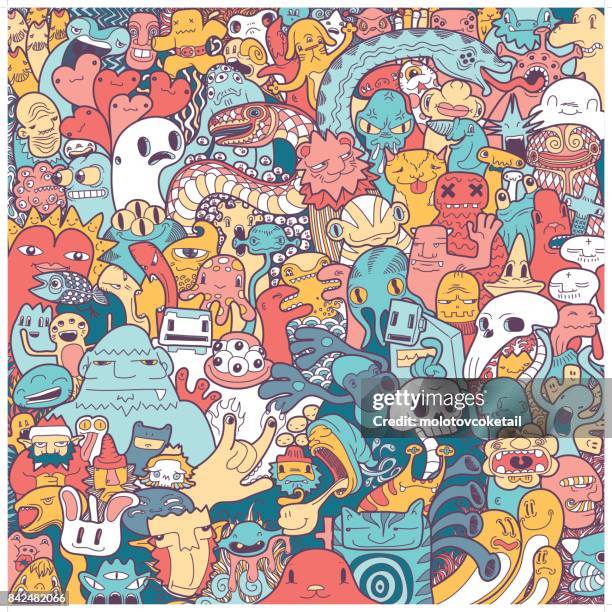 freihand monster doodle in vollfarbe - monster fictional character stock-grafiken, -clipart, -cartoons und -symbole
