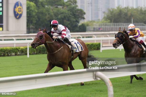 Jockey Tommy Berry riding Hair Trigger wins Race 7 Cotton Tree Handicap at Sha Tin racecourse on September 3, 2017 in Hong Kong, Hong Kong.