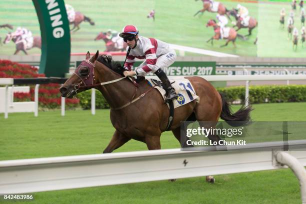 Jockey Tommy Berry riding Hair Trigger wins Race 7 Cotton Tree Handicap at Sha Tin racecourse on September 3, 2017 in Hong Kong, Hong Kong.