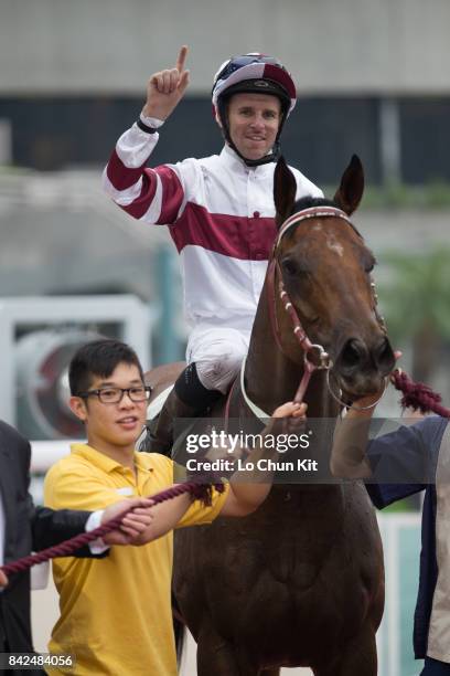 Jockey Tommy Berry riding Hair Trigger wins Race 7 Cotton Tree Handicap at Sha Tin racecourse on September 3, 2017 in Hong Kong, Hong Kong.