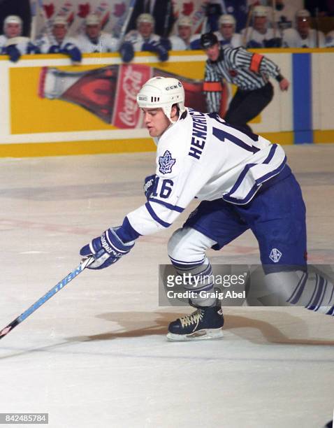 Darby Hendrickson of the Toronto Maple Leafs skates against the Mighty Ducks of Anaheim on December 2, 1995 at Maple Leaf Gardens in Toronto,...