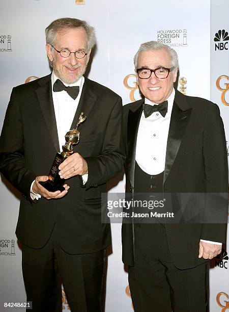 Cecil B. DeMille award recipient director Steven Spielberg and presenter-director Martin Scorsese pose in the press room at the 66th Annual Golden...