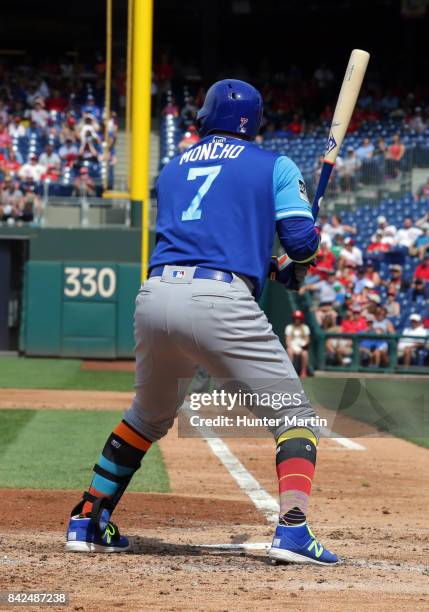 Rene Rivera of the Chicago Cubs bats during a game against the Philadelphia Phillies at Citizens Bank Park on August 27, 2017 in Philadelphia,...