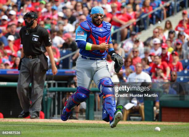 Rene Rivera of the Chicago Cubs during a game against the Philadelphia Phillies at Citizens Bank Park on August 27, 2017 in Philadelphia,...