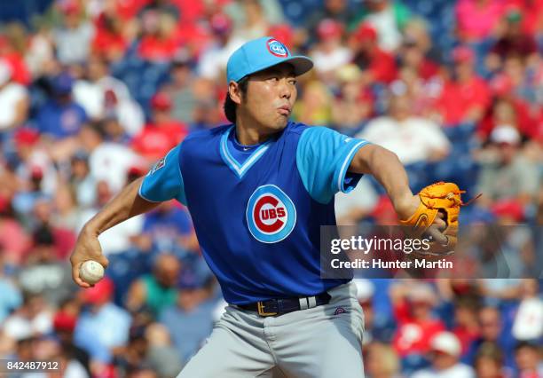 Koji Uehara of the Chicago Cubs throws a pitch in the eighth inning during a game against the Philadelphia Phillies at Citizens Bank Park on August...