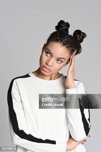 portrait of sad afro american teenager girl - angry black woman stock pictures, royalty-free photos & images