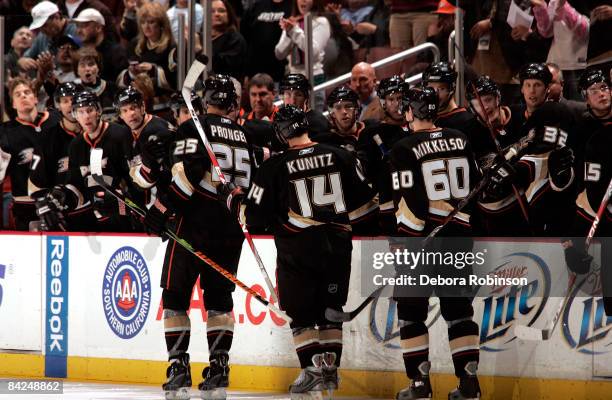 The Anaheim Ducks celebrate a third period goal from teammate Chris Kunitz during the game against the New Jersey Devils on January 11, 2009 at Honda...