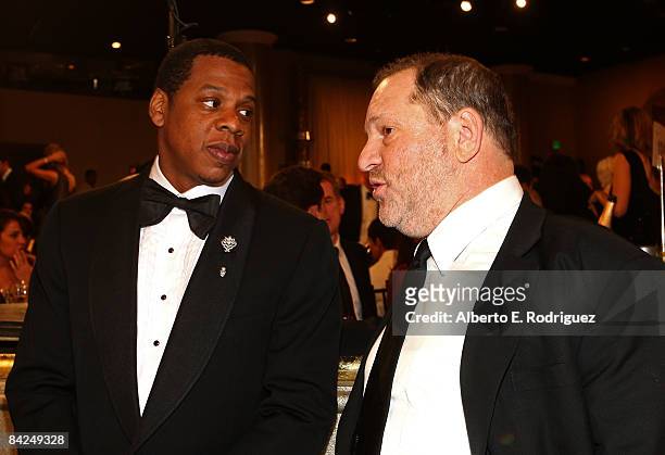 Rapper Jay-Z and producer Harvey Weinstein attend the 66th Golden Globe Awards held at the Beverly Hilton Hotel on January 11, 2009 in Beverly Hills,...