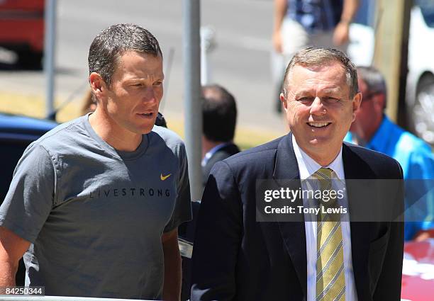 Lance Armstrong of the USA and Team Astana and Mike Rann Premier of South Australia arrive for a Tour Down Under press conference at Montefiore Hill...