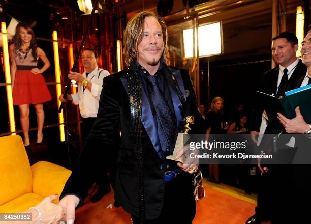 Actor Mickey Rourke, winner Best Performance by an Actor in a Motion Picture - Drama for "The Wrestler," backstage with Entertainment Tonight at the...