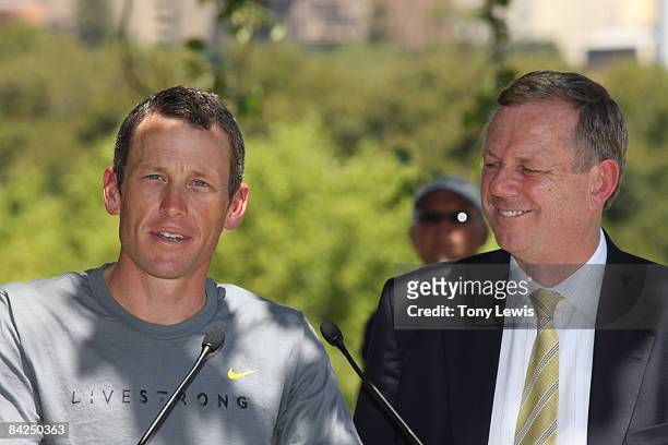 Lance Armstrong of the USA and Team Astana and Mike Rann Premier of South Australia address the media during a Tour Down Under press conference at...