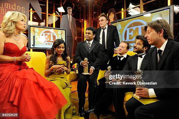 Host Mary Hart interviews cast and creators of Golden Globe award winner "Slumdog Millionaire" backstage with Entertainment Tonight at the 66th...