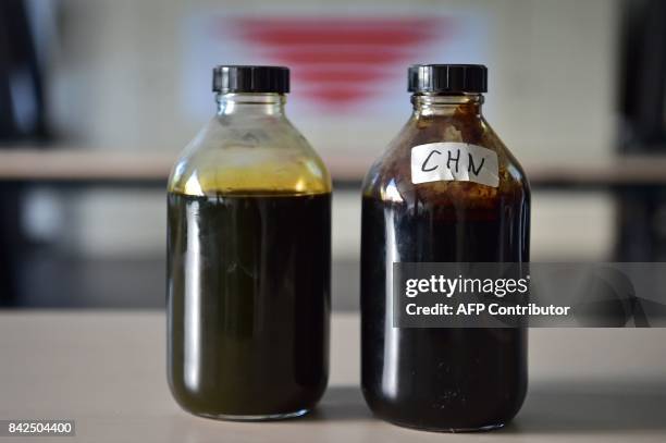 Bottles containing crude oil are pictured on the premises of the Canadian oil company Vermilion Energy in Saint-Mery, some 50 km south-east of Paris...