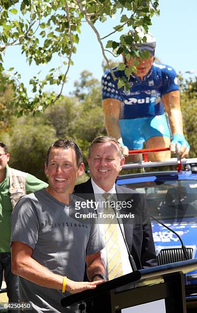 Lance Armstrong of the USA and Team Astana and Mike Rann Premier of South Australia address the media during a Tour Down Under press conference at...
