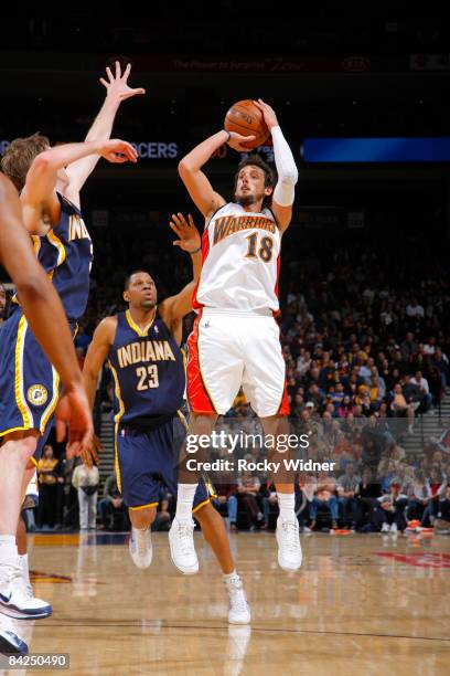 Marco Belinelli of the Golden State Warriors shoots against the Indiana Pacers on January 11, 2009 at Oracle Arena in Oakland, California. NOTE TO...