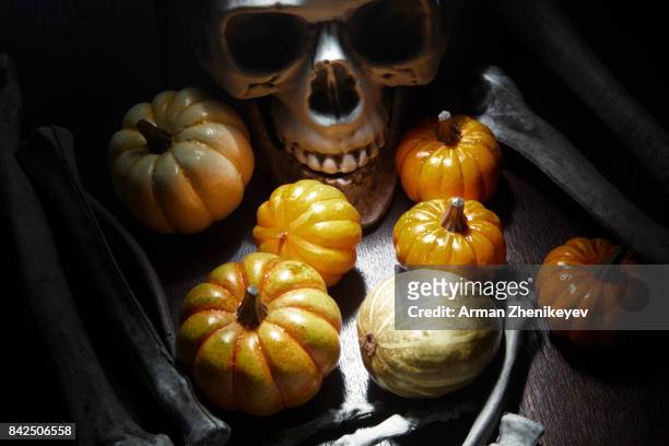 human bones and skull on the table with halloween pumpkin - ugly pumpkins stock-fotos und bilder