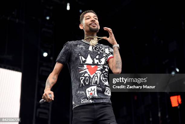 PnB Rock performs on stage at the 2017 Budweiser Made in America Festival - Day 2 at Benjamin Franklin Parkway on September 3, 2017 in Philadelphia,...