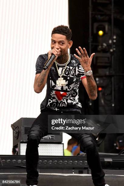 PnB Rock performs on stage at the 2017 Budweiser Made in America Festival - Day 2 at Benjamin Franklin Parkway on September 3, 2017 in Philadelphia,...