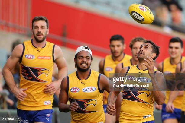 Lewis Jetta of the Eagles juggles the ball during a West Coast Eagles AFL training session at Domain Stadium on September 4, 2017 in Perth, Australia.