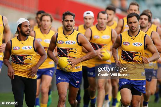 Lewis Jetta of the Eagles runs laps during a West Coast Eagles AFL training session at Domain Stadium on September 4, 2017 in Perth, Australia.