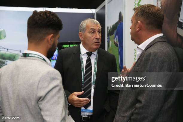 Peter Shilton talks to exhibitors during day 1 of the Soccerex Global Convention at Manchester Central Convention Complex on September 4, 2017 in...