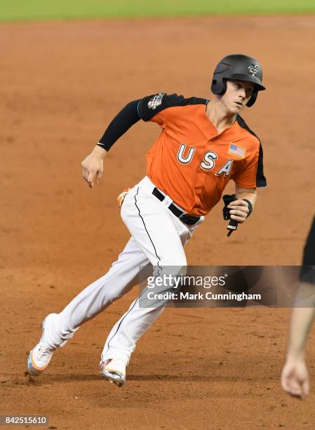 Miami Marlins prospect Brian Anderson of the U.S. Team runs the bases during the 2017 SiriusXM All-Star Futures Game at Marlins Park on July 9, 2017...