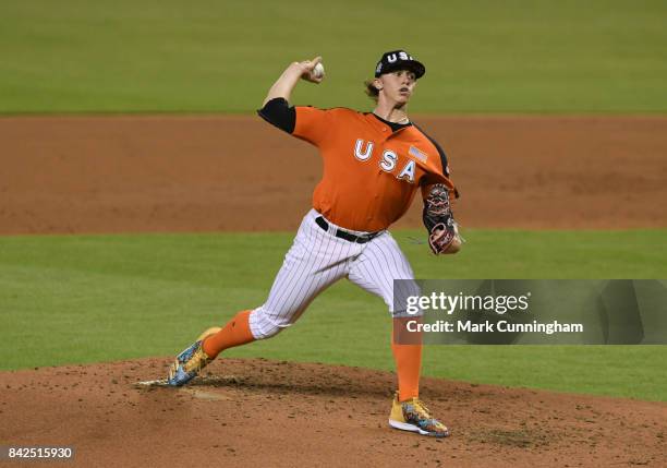 Chicago White Sox prospect Michael Kopech of Team USA pitches during the 2017 SiriusXM All-Star Futures Game at Marlins Park on July 9, 2017 in...