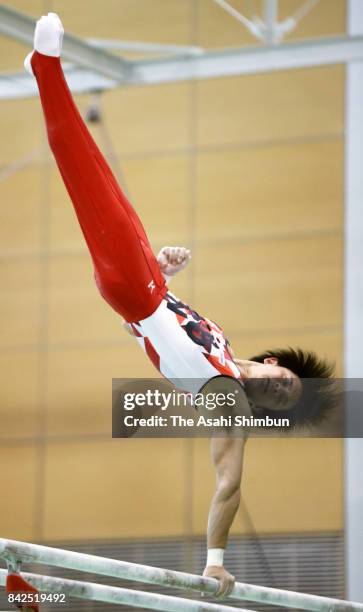 Yusuke Tanaka competes in the Parallel Bars during the Artistic Gymnastics Japan Men's National Team Trial at the National Training Center on...