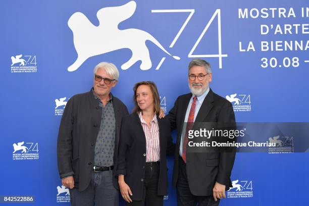 Jury members Ricky Tognazzi, Celine Sciamma and jury president John Landis attend the 'Jury Virtual Reality' photocall during the 74th Venice Film...