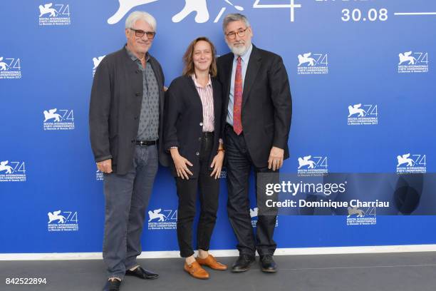 Jury members Ricky Tognazzi, Celine Sciamma and jury president John Landis attend the 'Jury Virtual Reality' photocall during the 74th Venice Film...