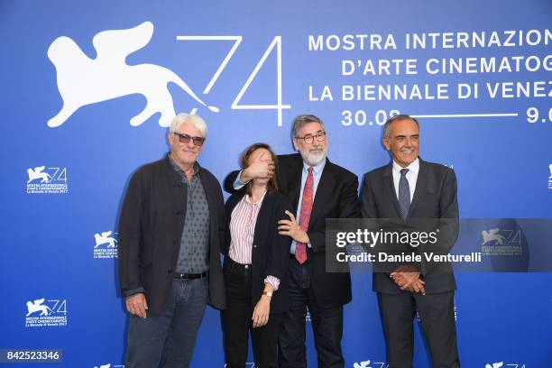 Jury members Ricky Tognazzi, Celine Sciamma, jury president John Landis and Festival director Alberto Barbera attend the 'Jury Virtual Reality'...