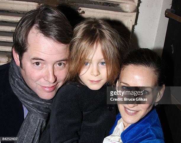 Matthew Broderick, James Wilke Broderick and Sarah Jessica Parker pose at The "Hairspray" Closing Night on Broadway at The Neil Simon Theater on...