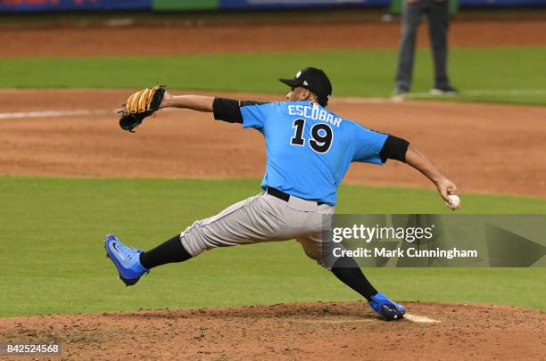 Pittsburgh Pirates prospect Luis Escobar of the World Team pitches during the 2017 SiriusXM All-Star Futures Game at Marlins Park on July 9, 2017 in...